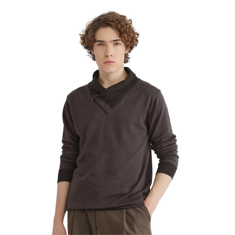 Rare Rabbit Lyzo Brown Plain Regular Fit Sweater (M)