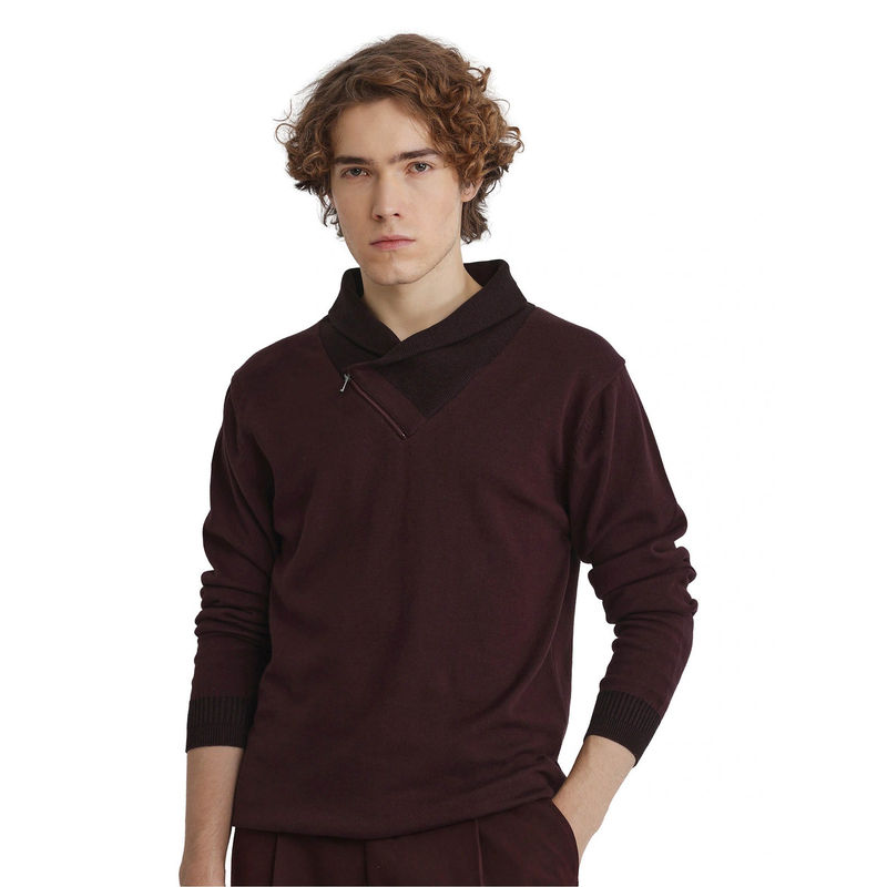 Rare Rabbit Lyzo Wine Plain Regular Fit Sweater (S)