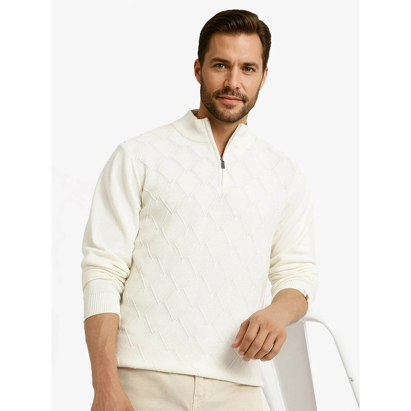 Rare Rabbit Toyder Off White Textured Regular Fit Sweater (S)