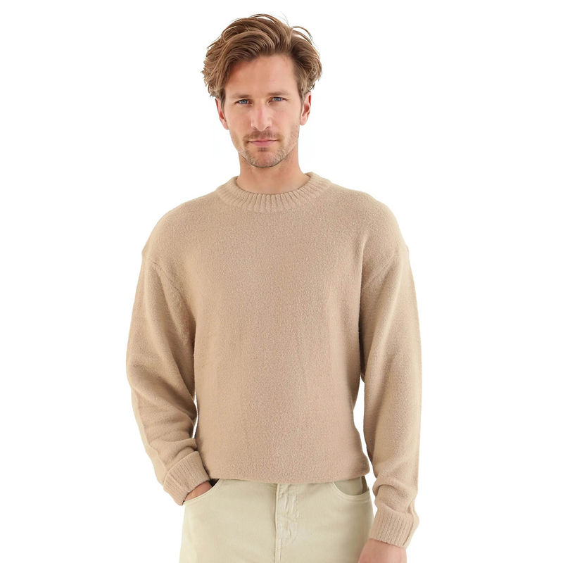 Rare Rabbit Zeo-1 Dark Beige Plain Regular Fit Sweater (M)
