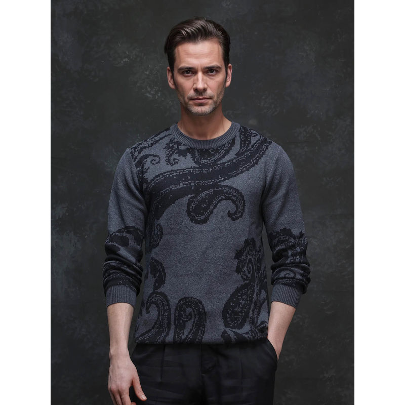 Rare Rabbit Zuri Grey Jacquard Regular Fit Sweater (M)