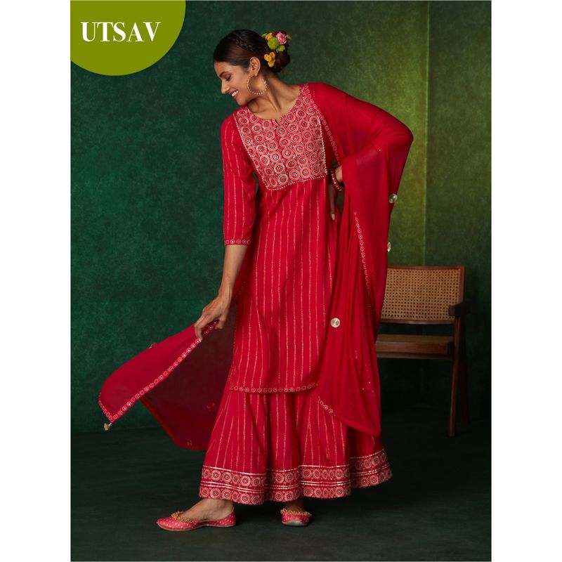 Likha by Nykaa Fashion Red Mirror Work Kurta Palazzo Set & Dupatta (Set