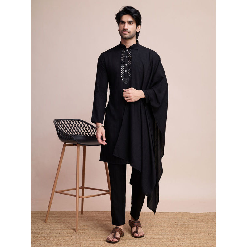 Odette Black Viscose Rayon Mirror Work Stitched Kurta with Dupatta for Men (Set of 2) (2XL)