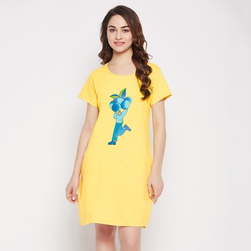 Clovia Graphic Print Short Nightdress In Yellow - 100 Percent Cotton (S)