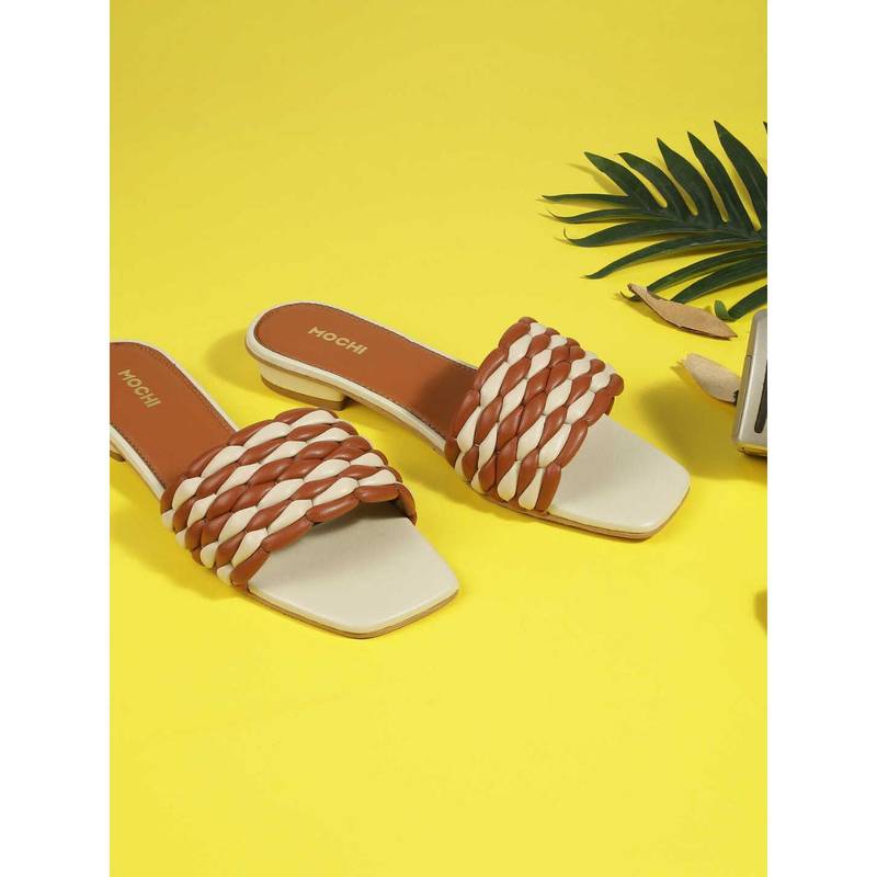 Mochi Women Tan Square Toe Casual Sandal Heels (EURO 40)