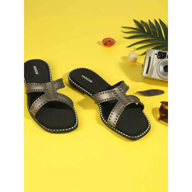 Mochi Women Grey Open Toe Casual Flats (EURO 39)
