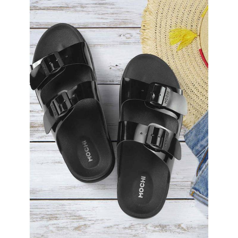 Mochi Women Black Pat Open Toe Casual Sandals (EURO 38)