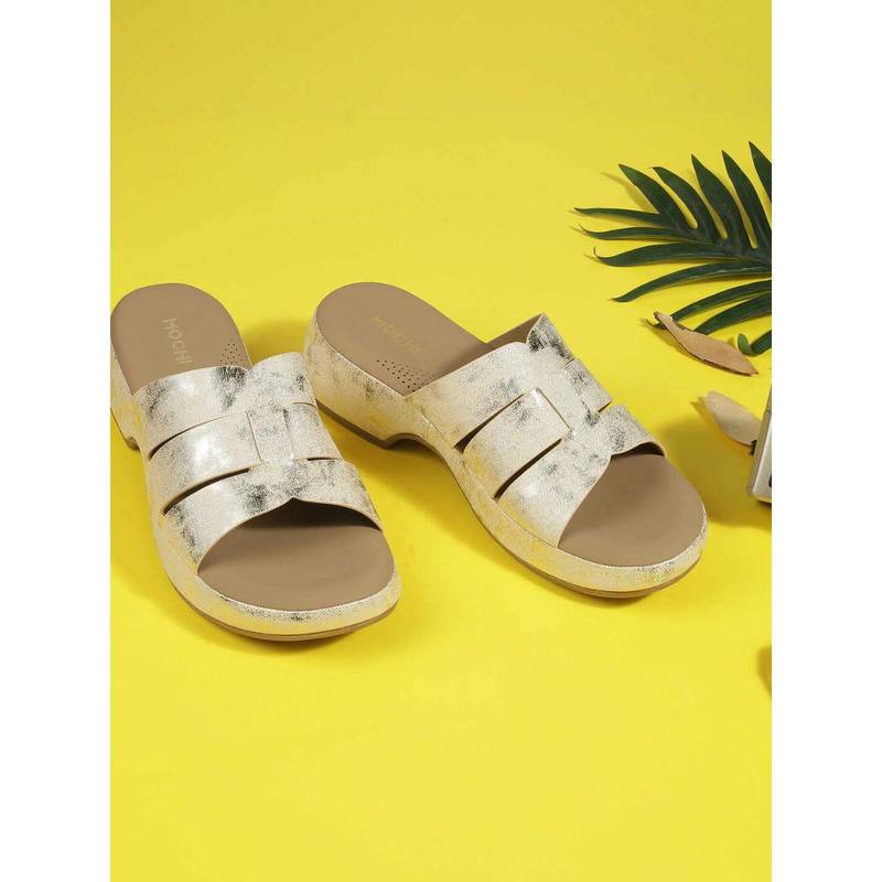 Mochi Women Gold Open Toe Casual Sandal Heels (EURO 38)
