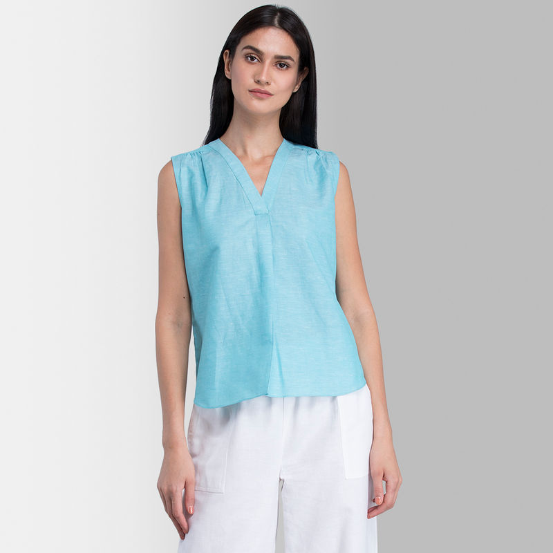 Fablestreet V Neck Sleeveless Linen Top Blue Buy Fablestreet V Neck