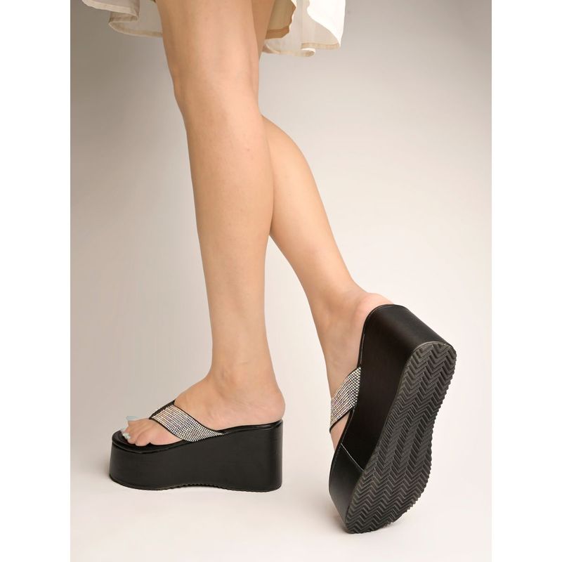 Shoetopia Rhinestone Decor Stylish Black Platform Heels for Women (EURO 35)