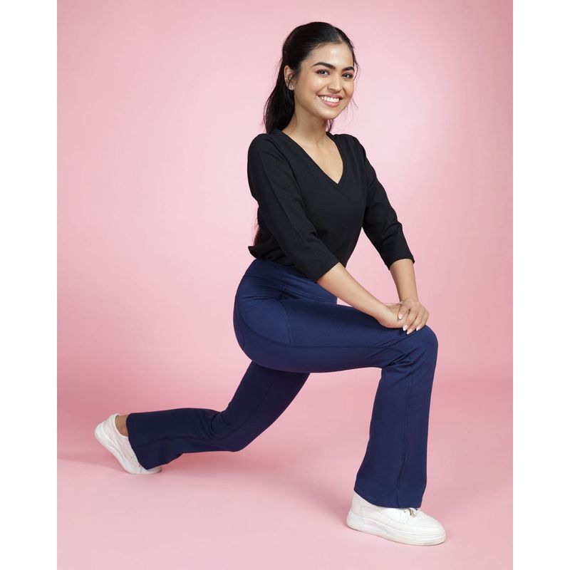 Bliss Club Women Navy Blue Groove-In Cotton Flare Pants Tall with 4 Pockets (2XL)