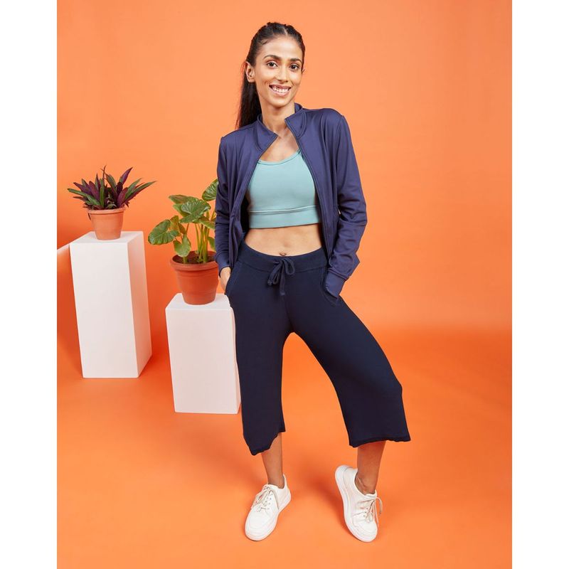 Bliss Club Women Navy Blue On-The-Go Track Jacket with Convertible collar and Two Way Zipper (S)