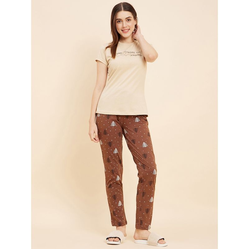 Sweet Dreams Women Printed Half Sleeves T-Shirt And Pyjama-Beige (Set of 2) (L)