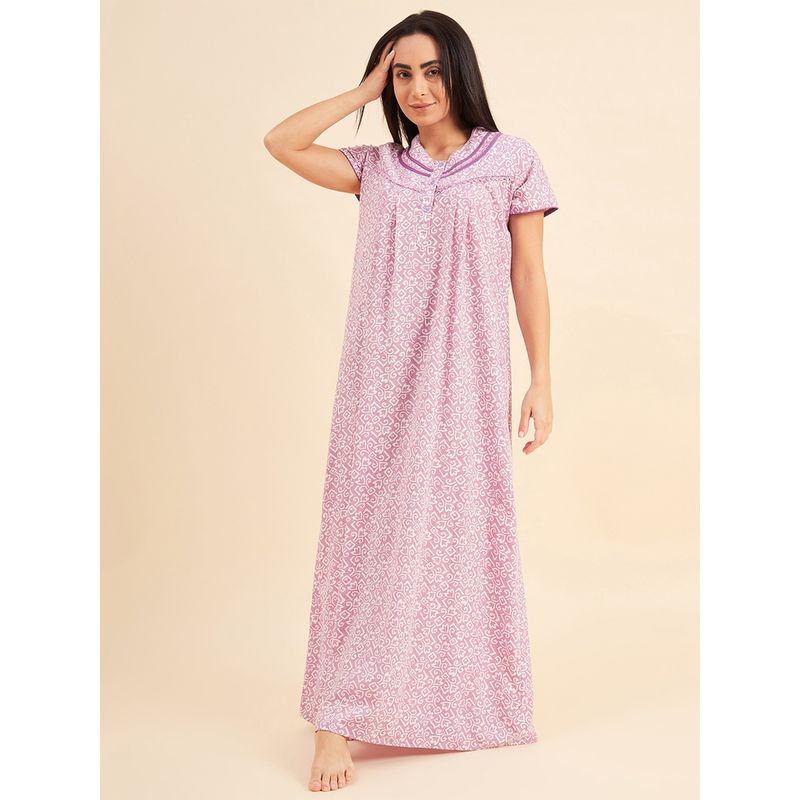 Sweet Dreams Women Printed Half Sleeves Night Gown - Purple (XL)