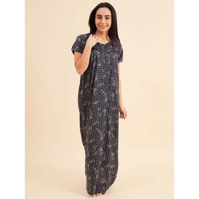 Sweet Dreams Women Printed Half Sleeves Night Gown - Navy Blue (XL)