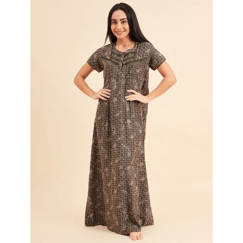 Sweet Dreams Women Printed Half Sleeves Night Gown - Brown (L)