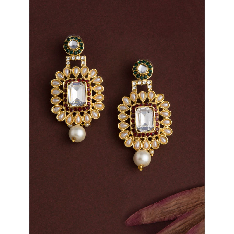 Fancy Golden Flower Studed Drop Earrings