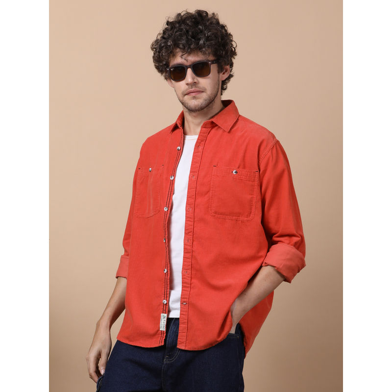 Buy KUONS AVENUE Men Orange Corduroy Double Pocket Shirt Online