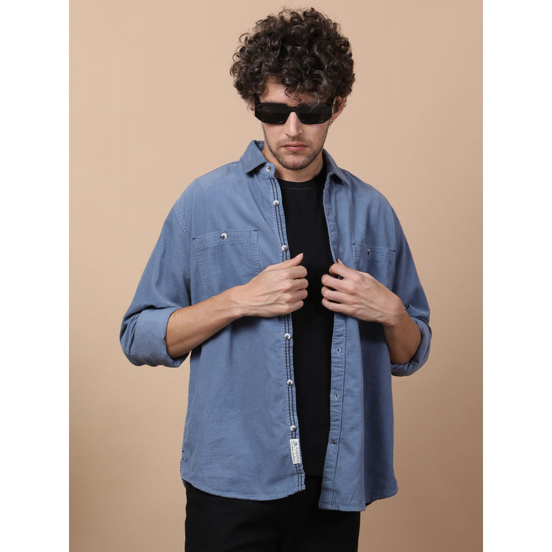 KUONS AVENUE Men Blue Corduroy Double Pocket Shirt (XL)