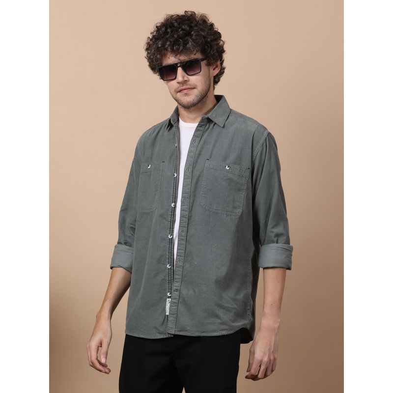KUONS AVENUE Men Green Corduroy Double Pocket Shirt (2XL)