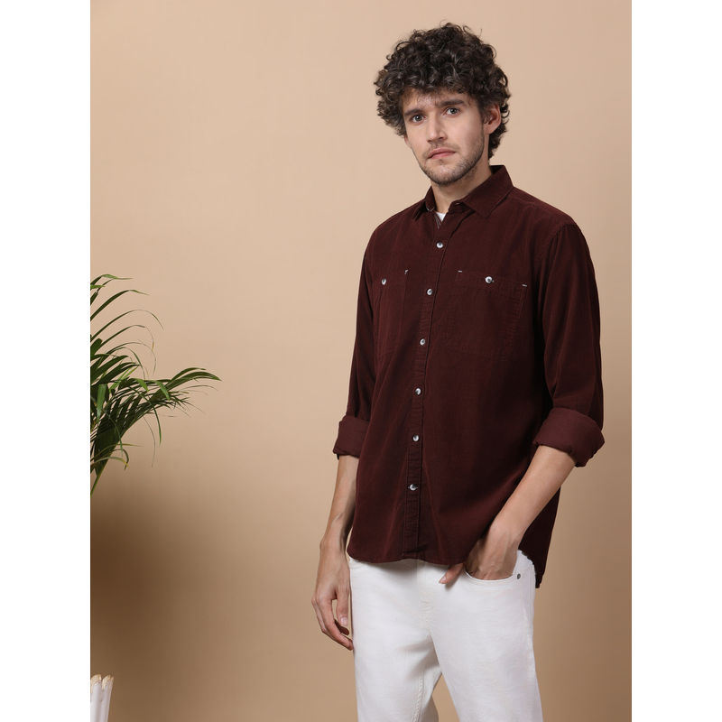KUONS AVENUE Men Red Corduroy Double Pocket Shirt (M)
