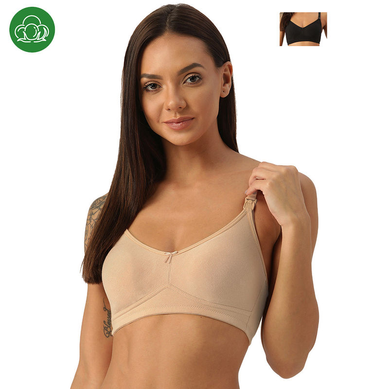 Inner Sense Cotton Antimicrobial Soft Nursing Bra with Removable Pads Multi-Color (Pack of 2) (L)