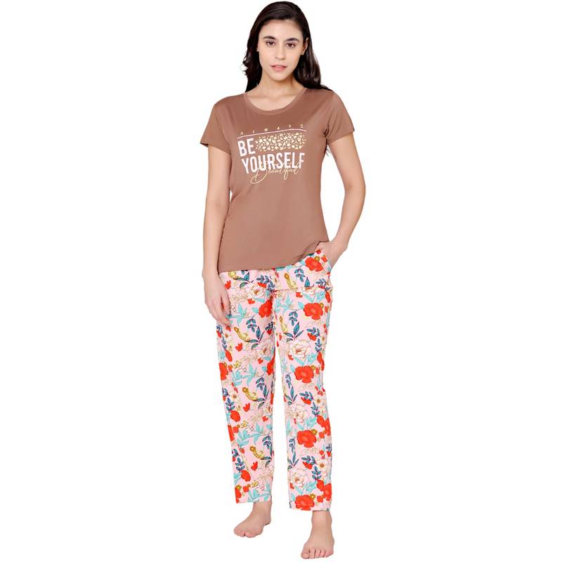 Bodycare Womens Modal Spandex Printed T-Shirt & Pyjama BSLS14012 Multi-Color (Set of 2) (M)