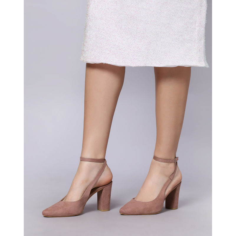 T.ELEVEN Women Pointed Toe Peach Block with Ankle Strap Heels (EURO 39)