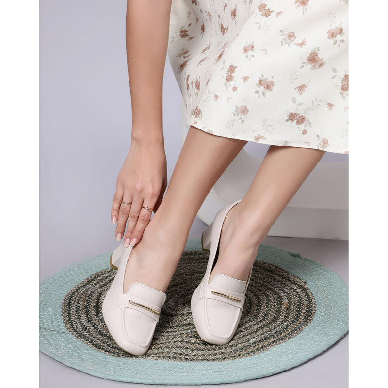 T.ELEVEN Women Block Square Toe with Stylish Buckle Ivory Pumps (EURO 38)