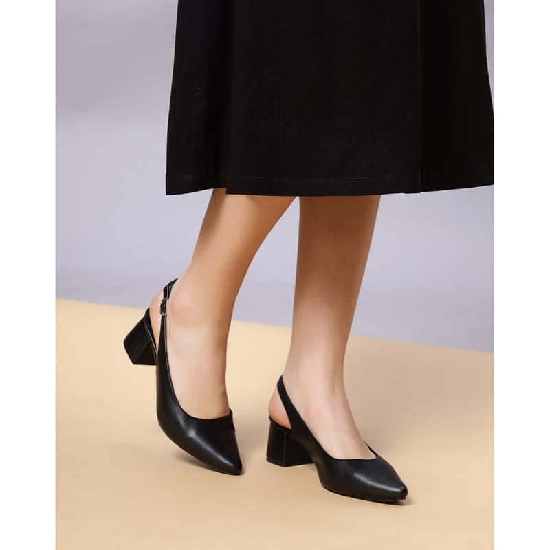 T.ELEVEN Women Chic Sling Back Block Adjustable Buckle Heels Black (EURO 40)