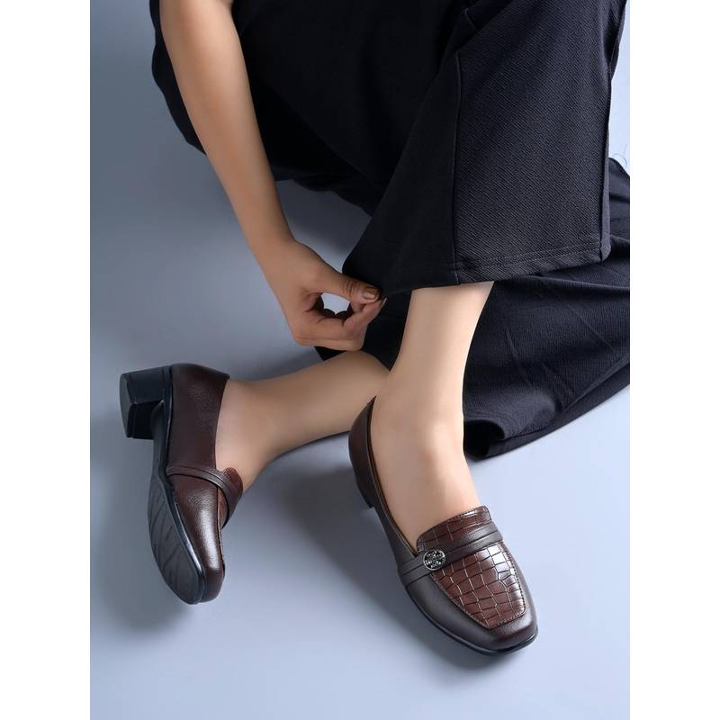 Shoetopia Women Brown Comfort Heeled Formal Loafers with Croc Vamp Detail (EURO 36)