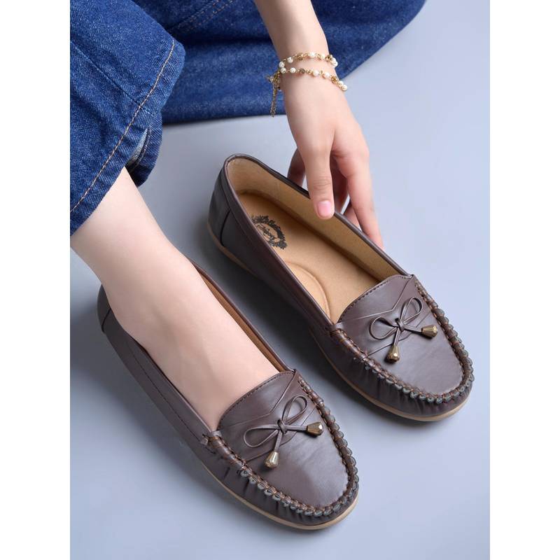Shoetopia Women Brown Bow-Accent Stitch Detail Comfort Moccasins (EURO 40)