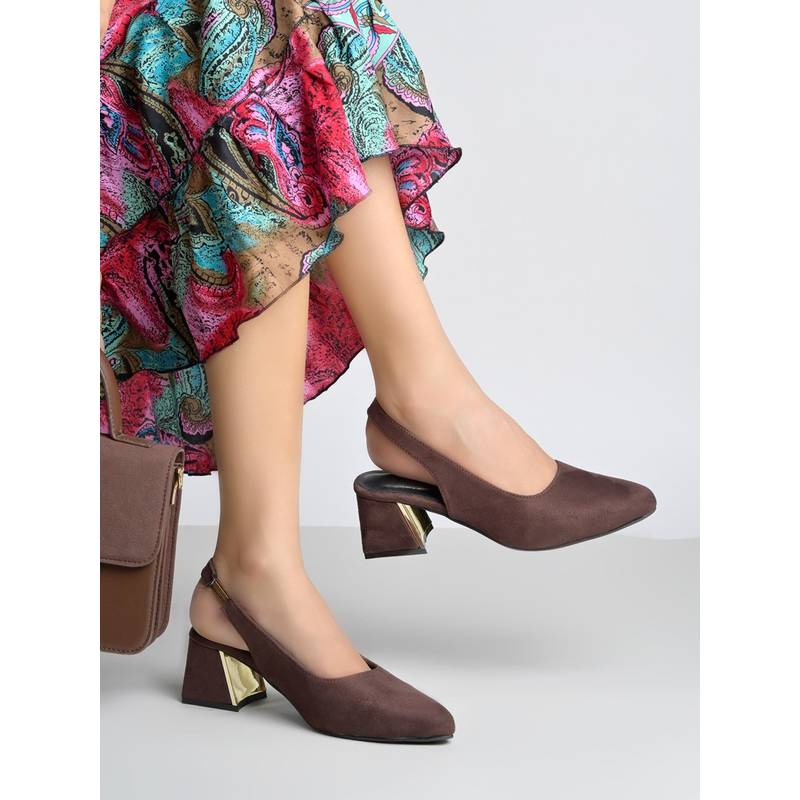 Shoetopia Women Brown Pointed with Gold Metallic Block Heels (EURO 36)