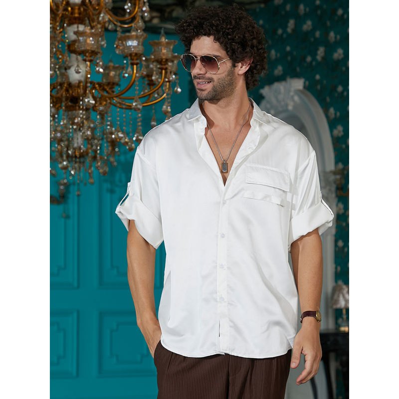 Campus Sutra Men Daisy White Satin-Utility Oversized Shirt (L)