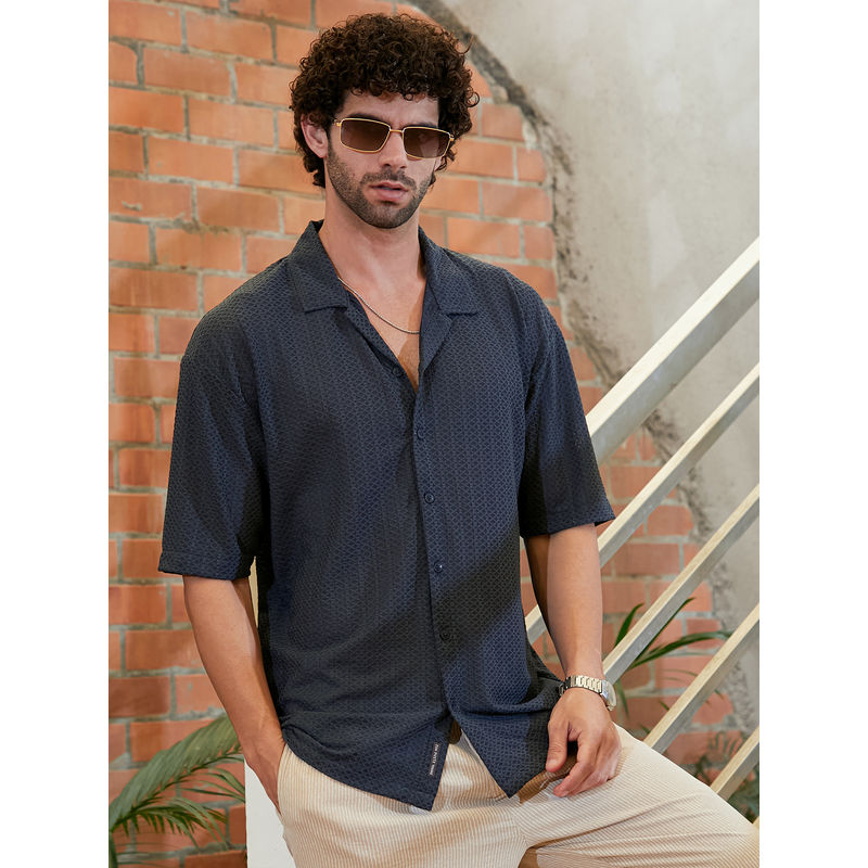 Campus Sutra Men Prussian Blue Zigzag-Helix Resort Oversized Shirt (L)