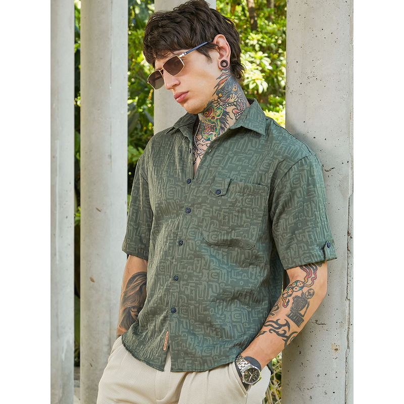 Campus Sutra Men Emerald Green Aztec-Tactile Oversized Shirt (M)