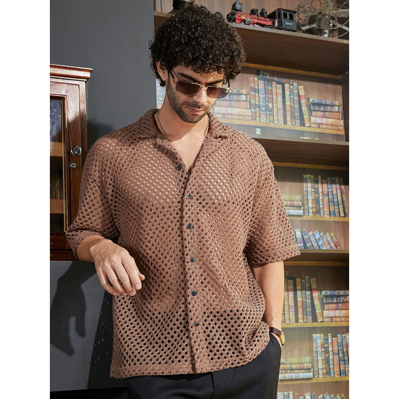 Campus Sutra Men Camel Brown Open-Knit Resort Oversized Shirt (M)