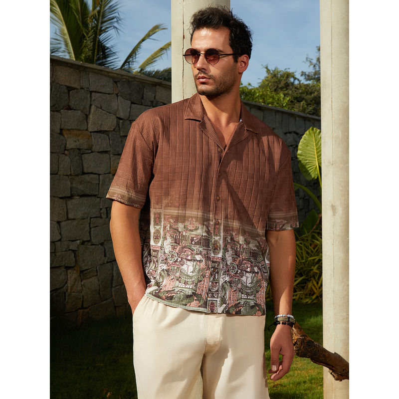 Campus Sutra Men Ash Brown Indie-Ombre Graphic Oversized Shirt (XL)