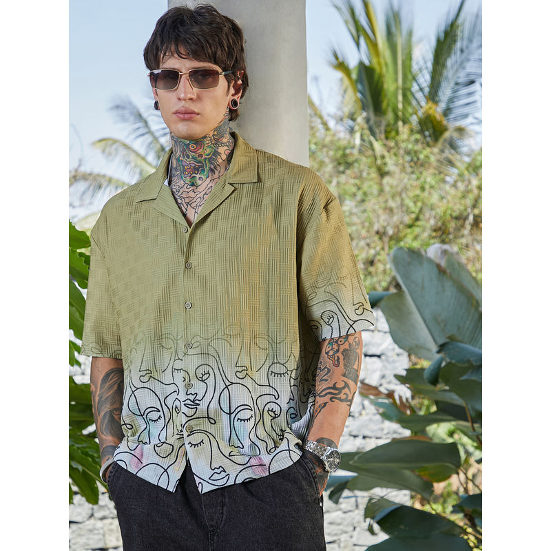Campus Sutra Men Pistachio Green Faces-Ombre Graphic Oversized Shirt (M)