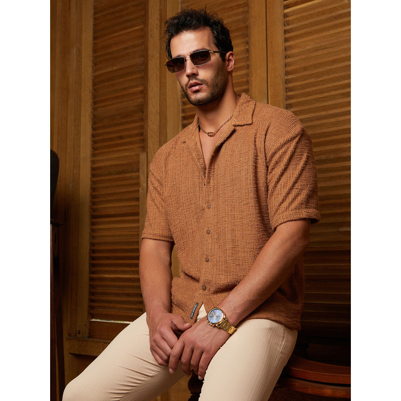 Campus Sutra Men Tan Brown Tactile-Resort Oversized Shirt (XL)