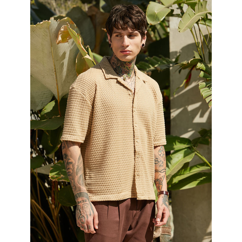 Campus Sutra Men Buff Beige Oval-Tactile Knit Oversized Shirt (XL)