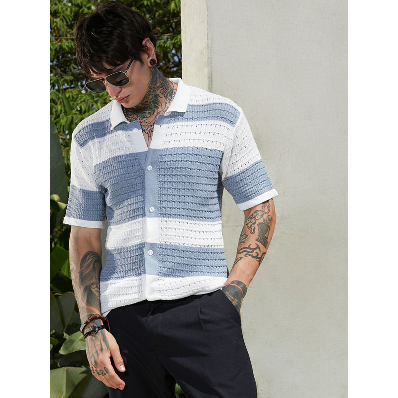 Campus Sutra Men Icy Blue & Daisy White Panel-Knit Relaxed Shirt (L)