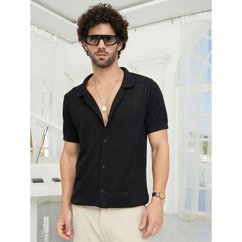 Campus Sutra Men Onyx Black Maxi-Grid Knit Polo Shirt (L)