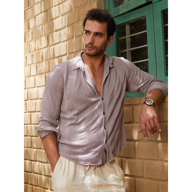 Campus Sutra Men Pastel Purple Weave-Panel Shirt (L)