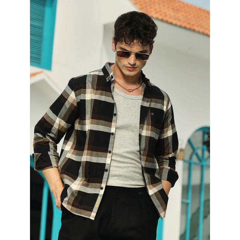 Campus Sutra Men Onyx Black & Saltbox Beige Pixelated-Checks Relaxed Shirt (S)