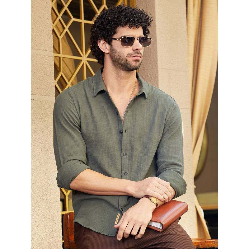 Campus Sutra Men Ash Green Breezy-Weave Shirt (XL)