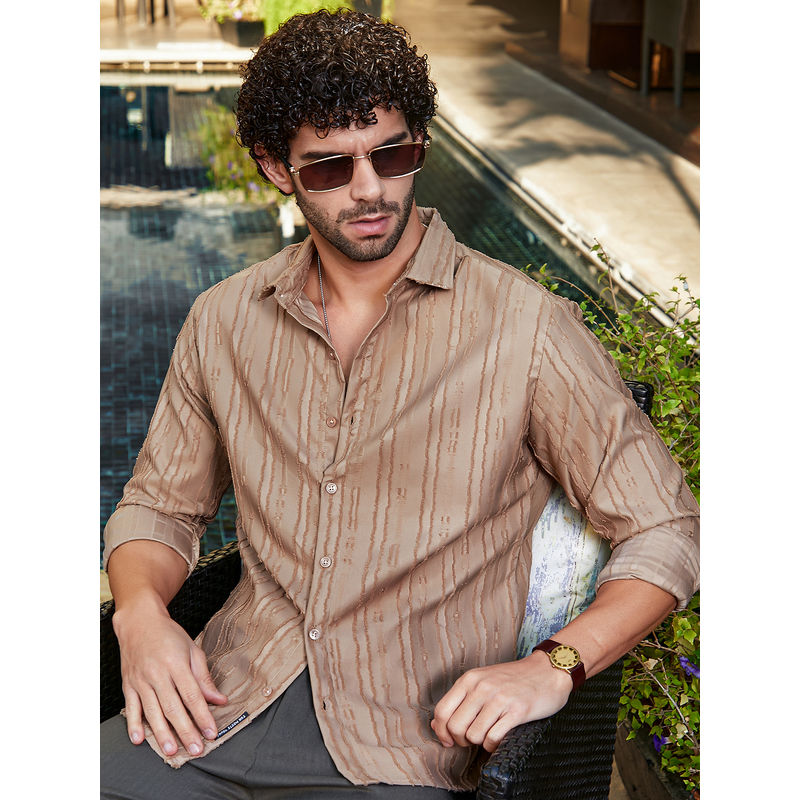 Campus Sutra Men Camel Beige Ripple-Edge Shirt (L)