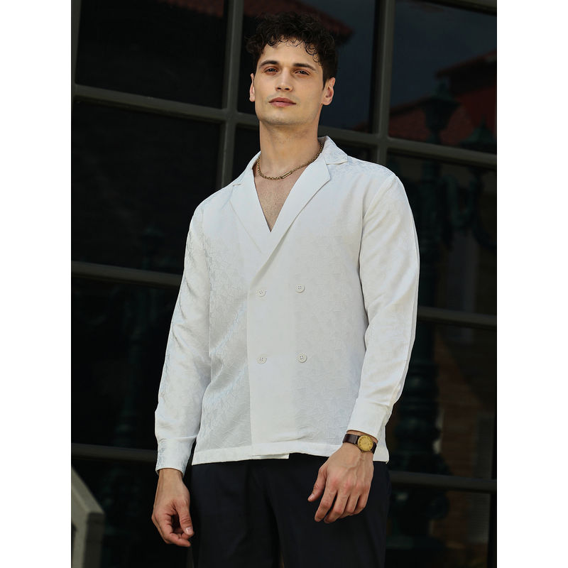Campus Sutra Men Daisy White Double-Breasted Moziac Shirt (M)