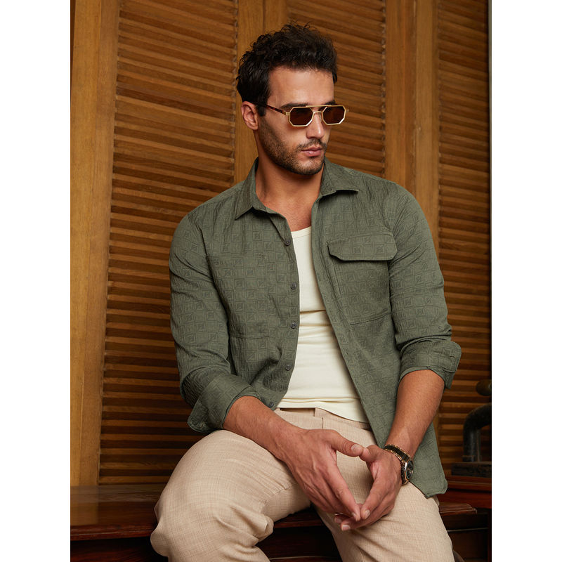 Campus Sutra Men Olive Green Obliqa-Utility Relaxed Shirt (M)