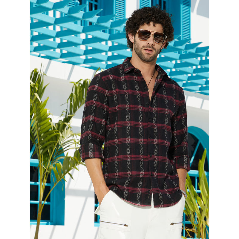 Campus Sutra Men Onyx Black & Crimson Red Indie-Checks Shirt (S)